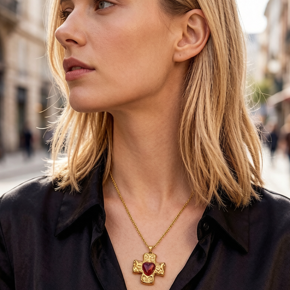 18K Gold Plated Waterproof Stainless Steel Necklace, Hammered Heart Cross Pendant Twist Rope Chain Necklace, Niche Luxury Women Neck Jewelry For Daily Wear - Image 3