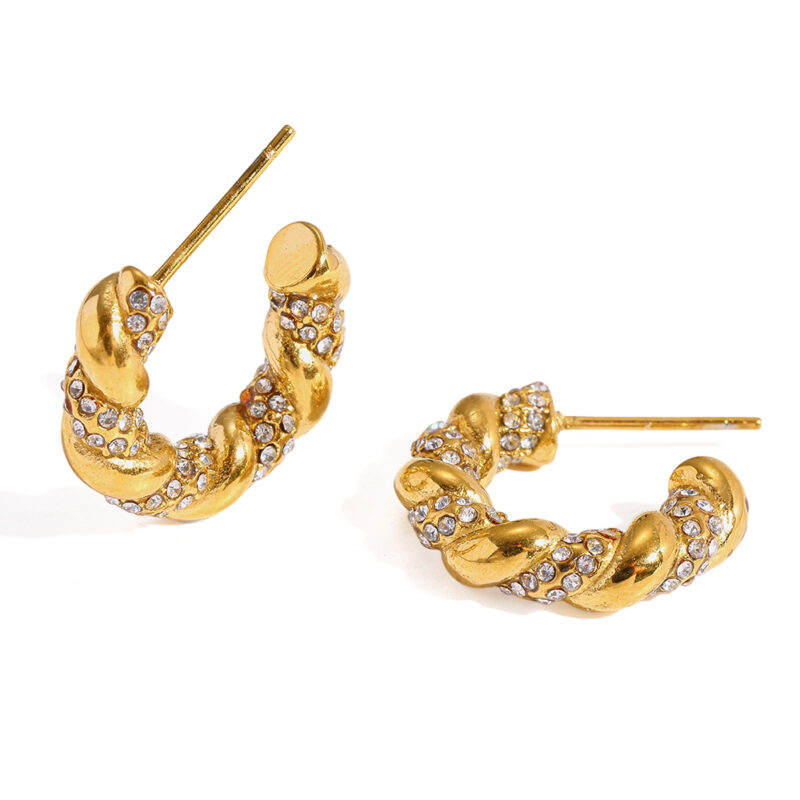 High-end twisted crystal C hoop earrings, 18K gold-plated stainless steel minimalist luxury office women fashion ear accessories