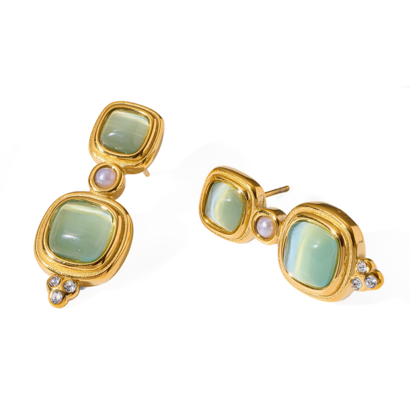 18K Gold-Plated Stainless Steel Square Cat Eye Stone Stud Earrings, Retro INS Style Non-Fading Women Ear Jewelry