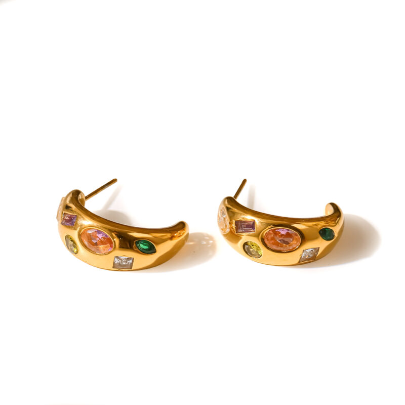 18k gold plated stainless steel ins retro colorful zircon c‑shape hoop earrings trendy waterproof women ear jewelry