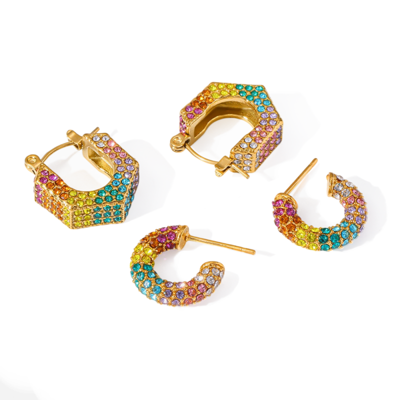 18K Gold-Plated Stainless Steel Rainbow Gradient Rhinestone C-Shape Hoop Earrings, Unique Design Non-Fading Women Ear Buckle Jewelry