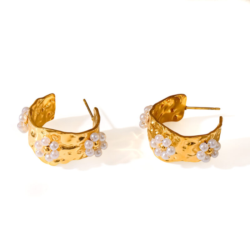 18k gold plated stainless steel ins hammered c‑shape hoop earrings flower faux pearl cluster minimalist luxury waterproof women ear jewelry
