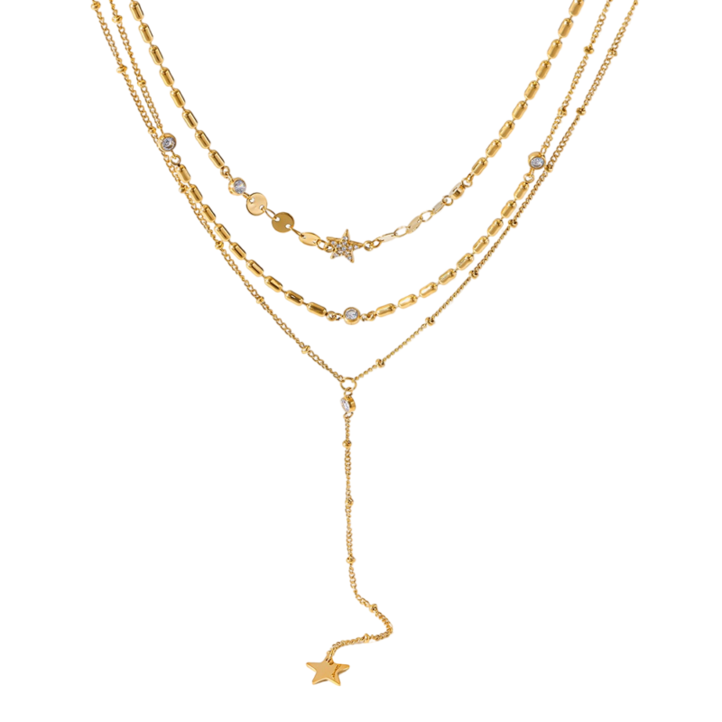 18k gold plated stainless steel 3 layer star cubic zirconia y drop necklace, waterproof luxury niche stackable neck jewelry for women