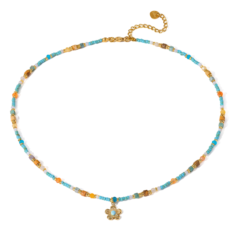 18k gold plated stainless steel flower pendant necklace, dopamine colorful natural stone beaded bohemian dainty clavicle chain for women