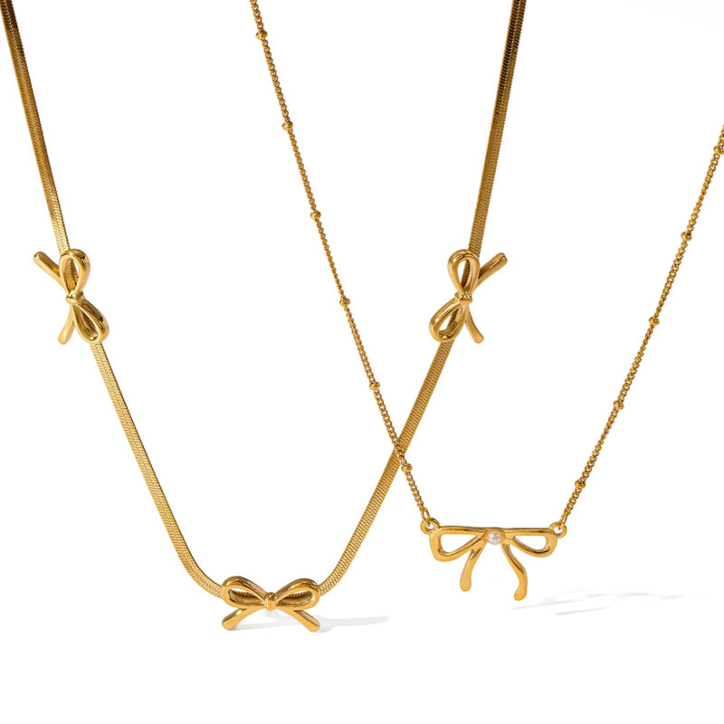 18K Gold‑Plated Stainless Steel Ins Luxury Flat Snake Chain Necklace With Bow Pendant, Waterproof Elegant Neck Jewelry For Women