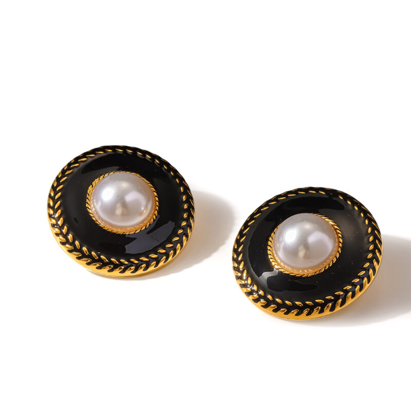 18K Gold‑Plated Stainless Steel Classic Black Enamel Faux Pearl Round Stud Earrings, Ins vintage enamel Waterproof Luxury Ear Jewelry For Women