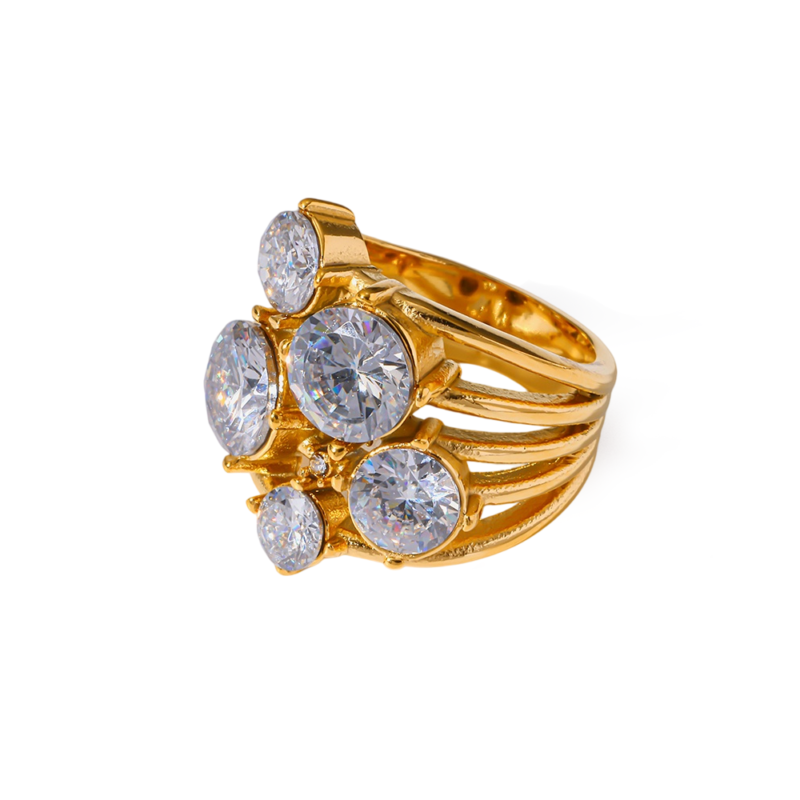 18k gold plated stainless steel multi cubic zirconia exaggerated statement ring cross-border hot luxury niche women finger jewelry