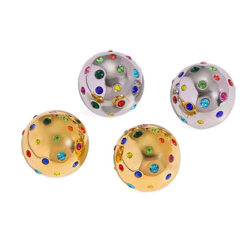 18k gold plated stainless steel christmas half‑dome round stud earrings multi‑color cubic zirconia inlaid hypoallergenic women holiday party daily ear jewelry