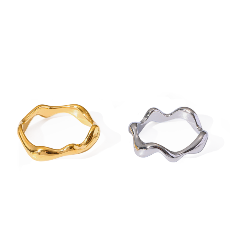 18k gold‑plated stainless steel wavy ring, minimalist geometric irregular band, non‑fading stackable finger jewelry for women ins style