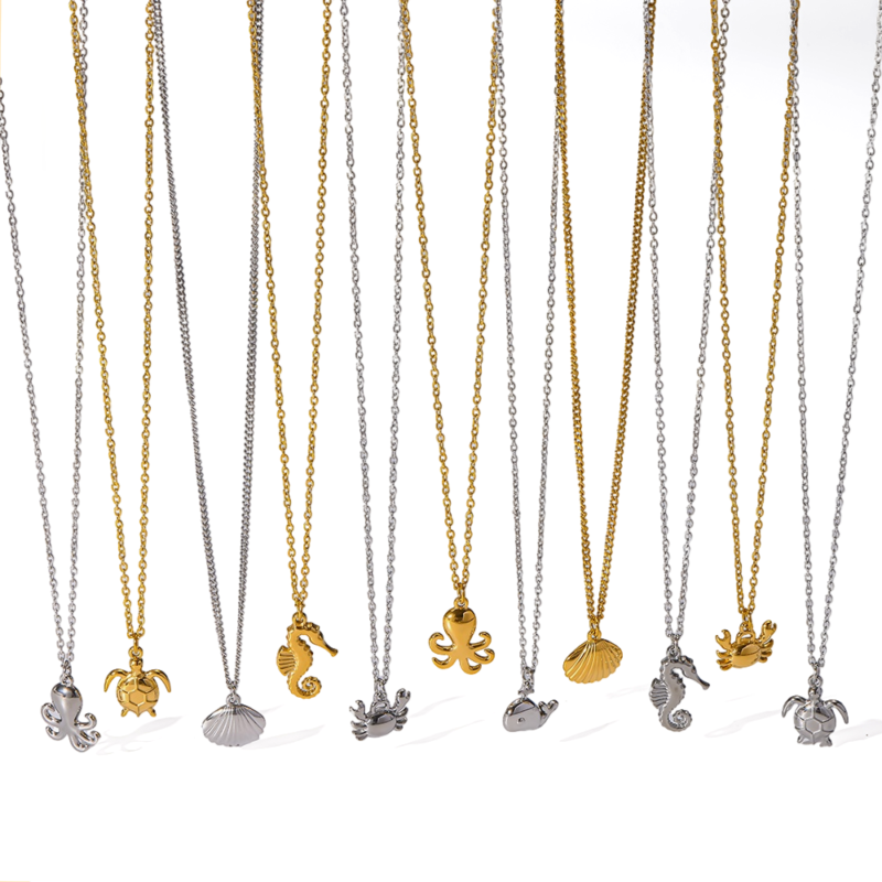 18K Gold‑Plated Stainless Steel Ocean‑Themed Pendant Necklace, Waterproof Dainty Clavicle Chain Jewelry for Women
