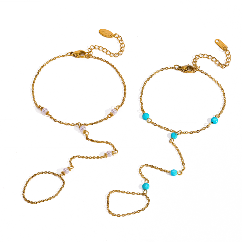 18K Gold‑Plated Stainless Steel Turquoise & Imitation Pearl Hand Chain, Waterproof Dainty Finger Bracelet Luxury Hand Jewelry for Women