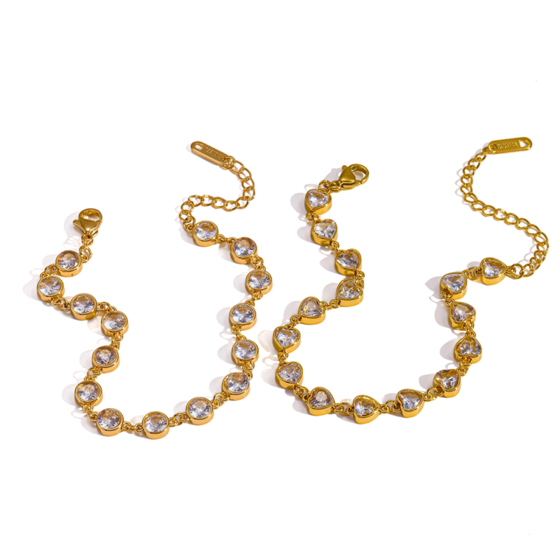 18K Gold‑Plated Stainless Steel Round & Heart Zircon Bracelet, Waterproof Dainty Luxury Hand Jewelry for Women  1.