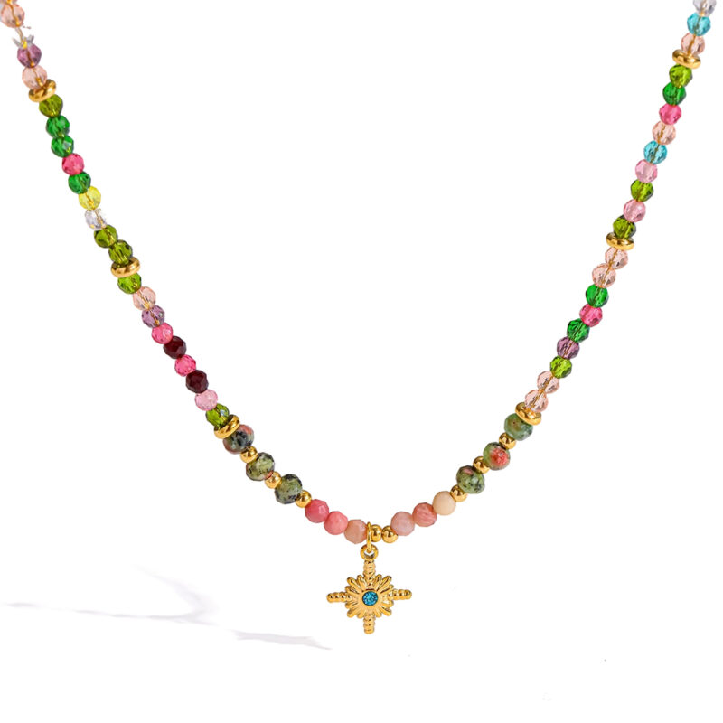 18k gold plated stainless steel vintage beaded choker natural stone glass bead eight pointed star pendant stackable women collarbone neck jewelry
