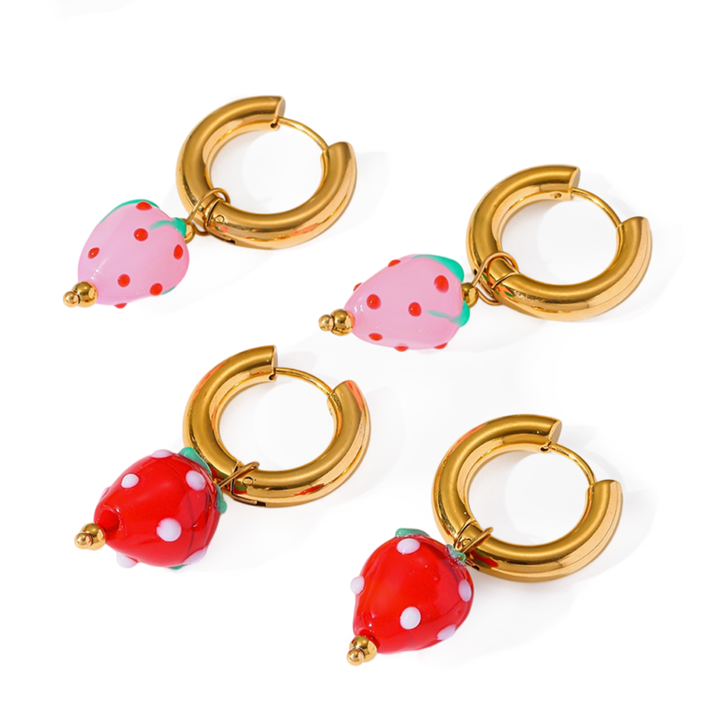 18K Gold-Plated Stainless Steel Hoop Earrings, Cute Acrylic Strawberry Dangle Charms, Non-Fading Women Fashion Ear Jewelry