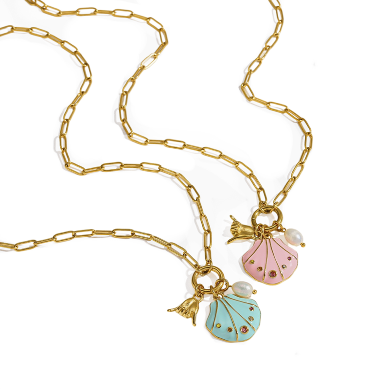 18K Gold Plated Waterproof Stainless Steel Necklace Ocean Style Enamel Shell Freshwater Pearl Pendant Necklace Ins Niche Women Neck Jewelry Daily Accessory