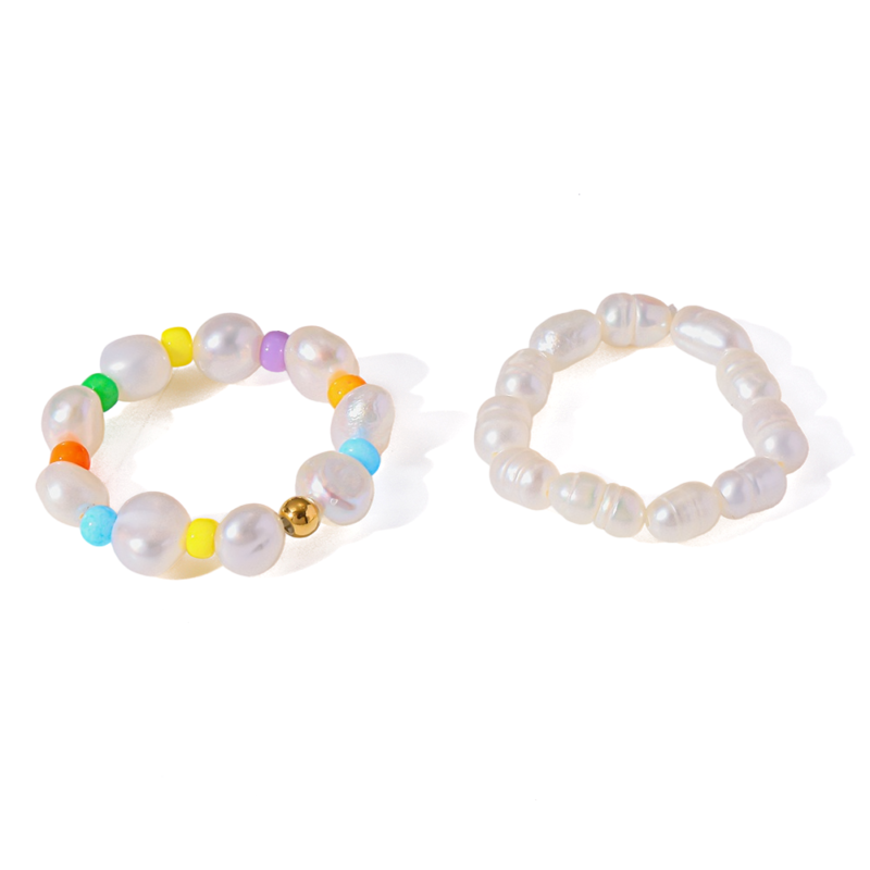 fresh color beaded stretch ring freshwater pearl acrylic stainless steel beads stackable versatile women finger jewelry