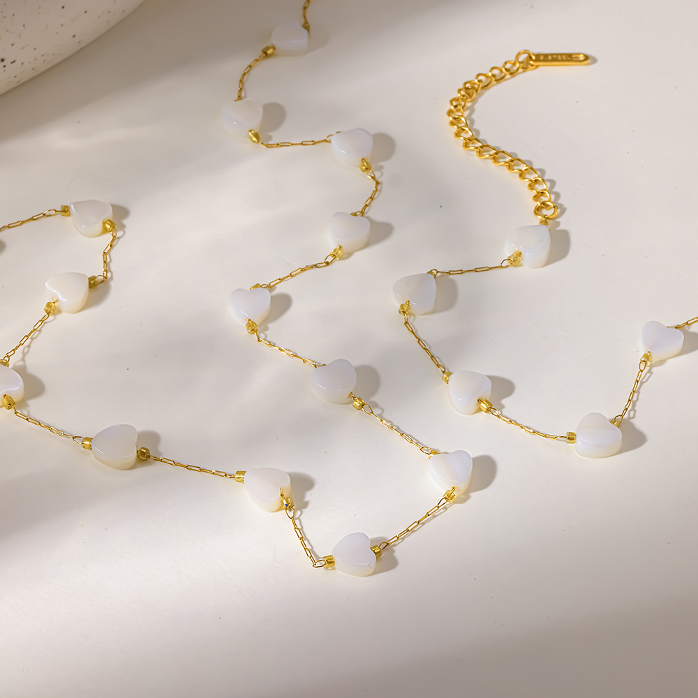 Heart Mother of Pearl Station Beaded Bracelet, 18K Gold Plated Stainless Steel, Fresh Light Luxury Women Wrist Jewelry - Image 3