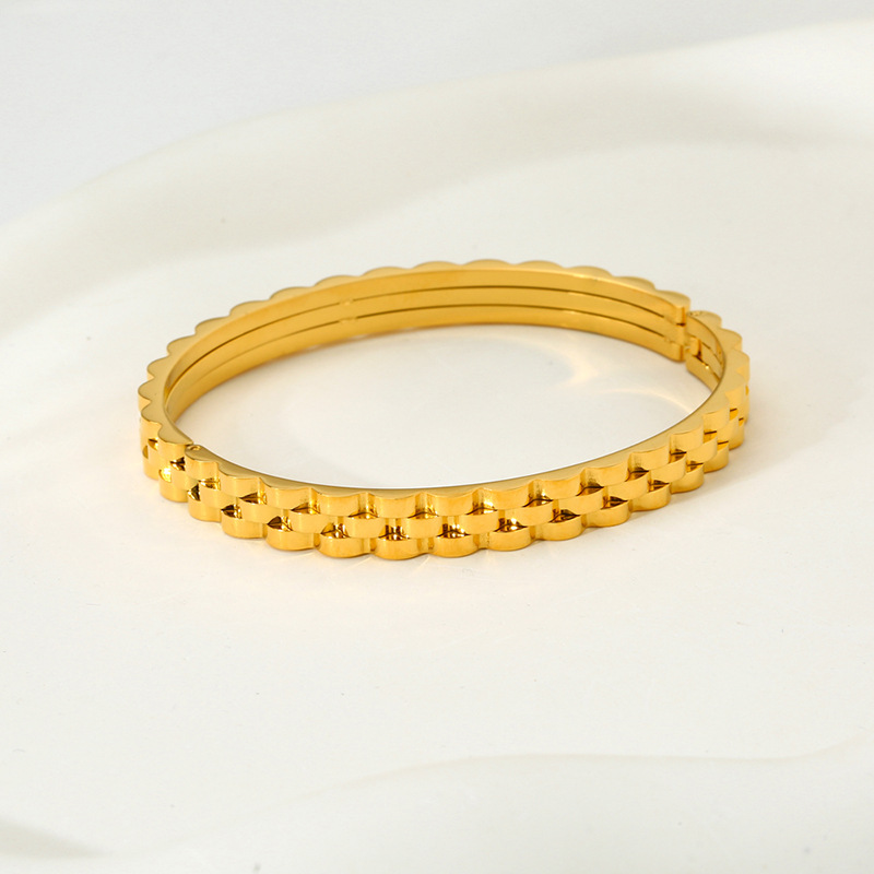 Minimalist Geometric Rhombus Stripe Watch Band Style Hinged Bangle, 18K Gold Plated Stainless Steel, Women Wrist Jewelry - Image 5