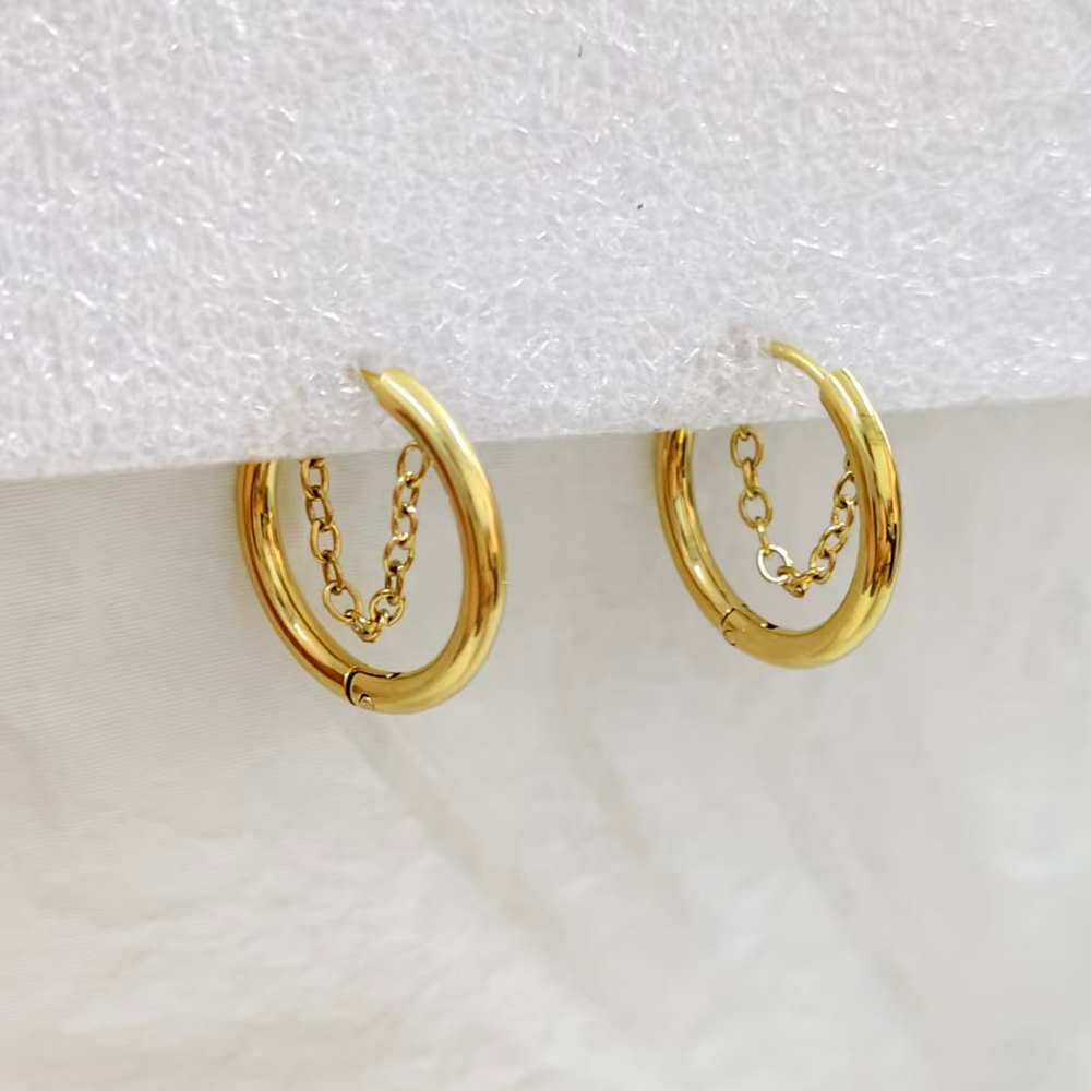 18K Gold Plated Stainless Steel Smooth Hoop Ear Buckles With Inner Chain, Unisex Hoop Earrings - Image 2