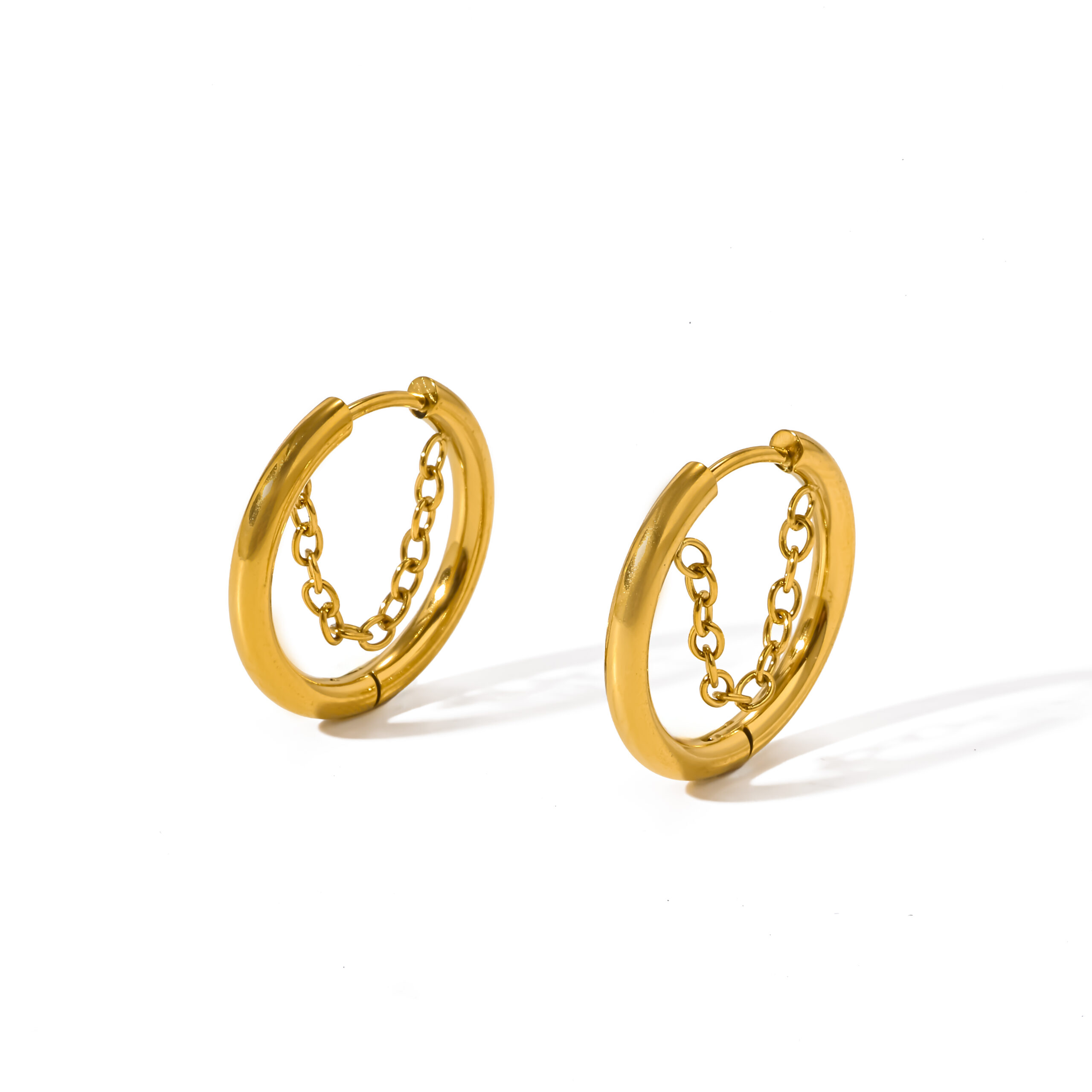 18K Gold Plated Stainless Steel Smooth Hoop Ear Buckles With Inner Chain, Unisex Hoop Earrings