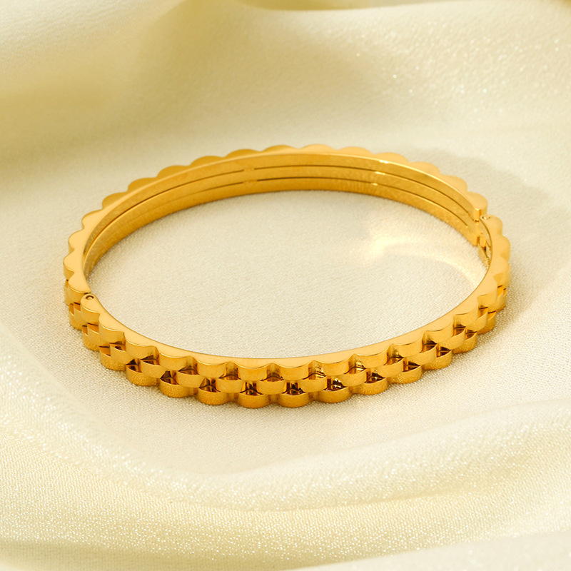 Minimalist Geometric Rhombus Stripe Watch Band Style Hinged Bangle, 18K Gold Plated Stainless Steel, Women Wrist Jewelry - Image 4