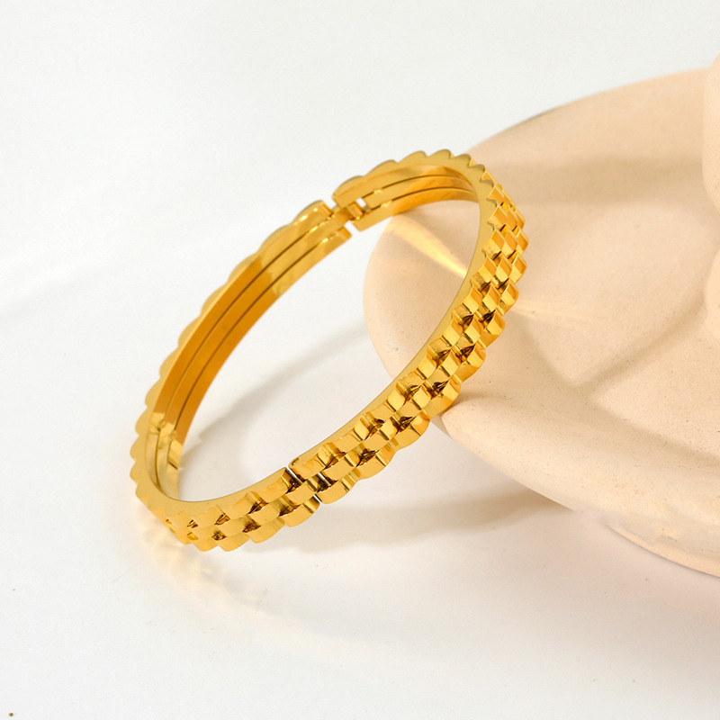 Minimalist Geometric Rhombus Stripe Watch Band Style Hinged Bangle, 18K Gold Plated Stainless Steel, Women Wrist Jewelry - Image 3