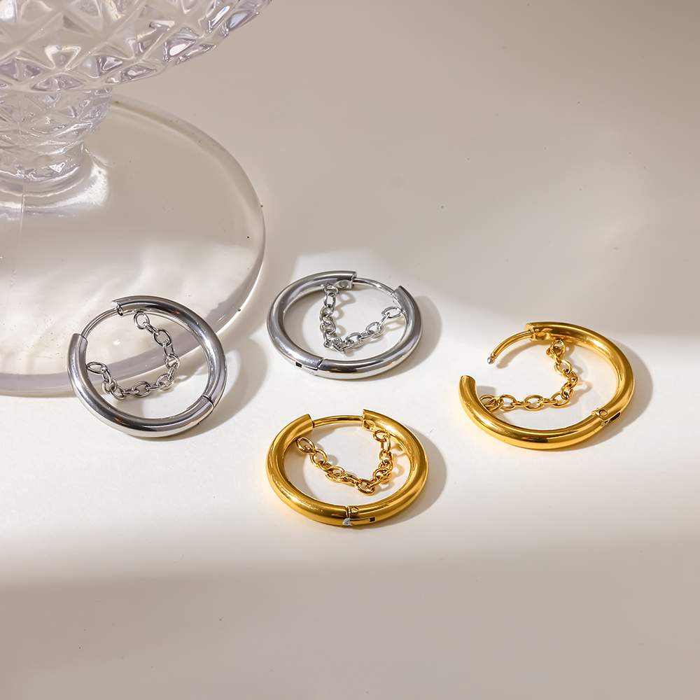 18K Gold Plated Stainless Steel Smooth Hoop Ear Buckles With Inner Chain, Unisex Hoop Earrings - Image 5