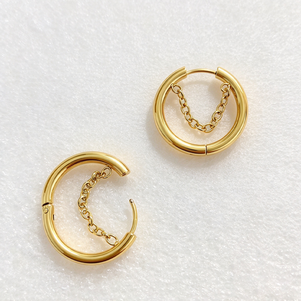 18K Gold Plated Stainless Steel Smooth Hoop Ear Buckles With Inner Chain, Unisex Hoop Earrings - Image 3