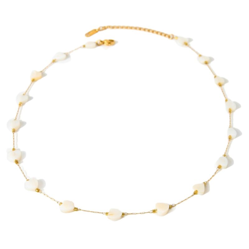 Heart Mother of Pearl Station Beaded Necklace, 18K Gold Plated Stainless Steel, Instagram Aesthetic Fresh Light Luxury Women Jewelry,