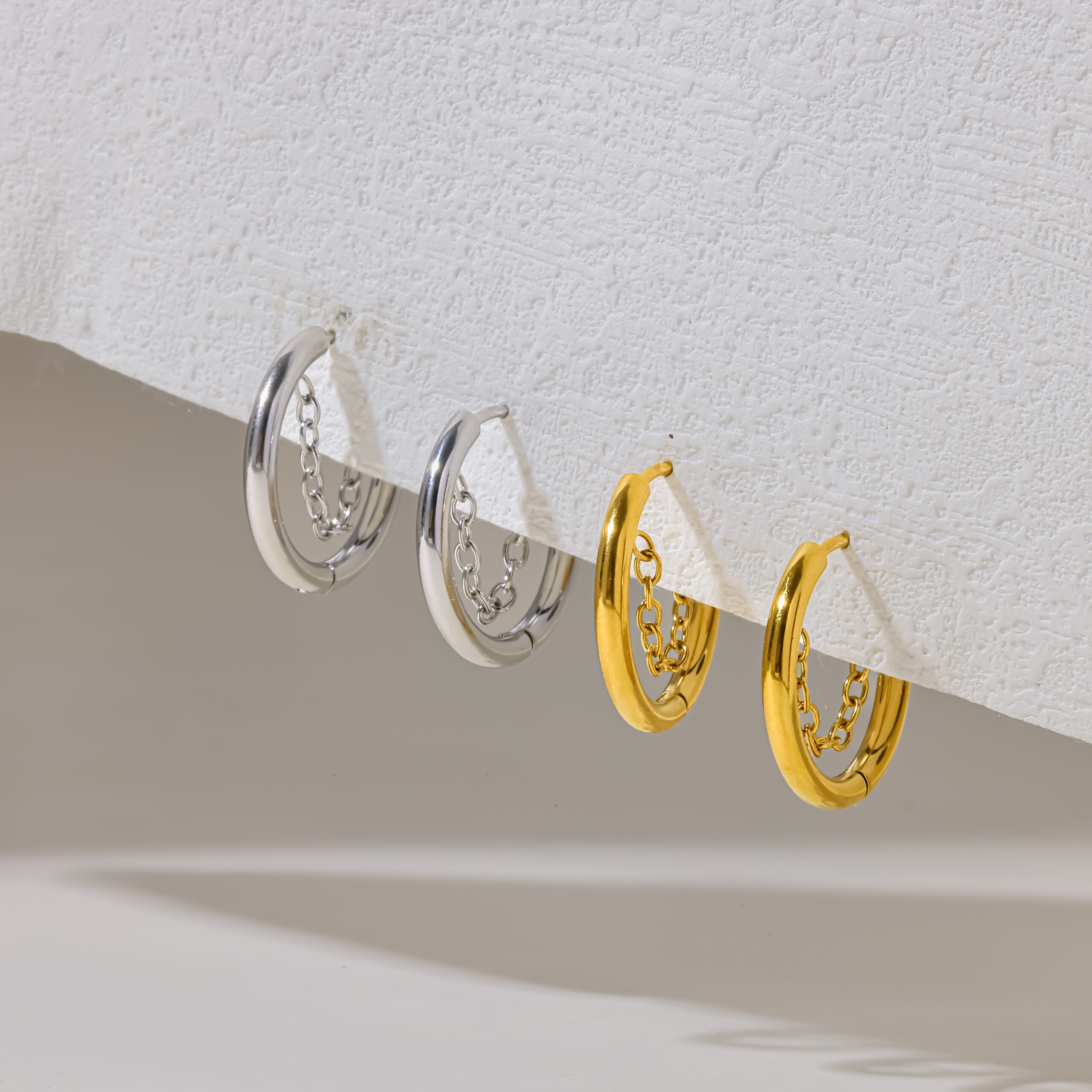 18K Gold Plated Stainless Steel Smooth Hoop Ear Buckles With Inner Chain, Unisex Hoop Earrings - Image 4