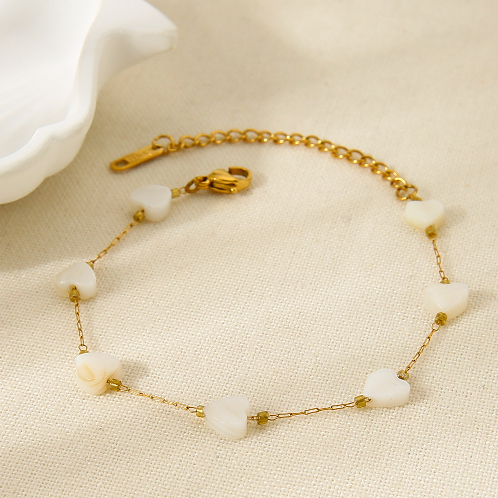 Heart Mother of Pearl Station Beaded Bracelet, 18K Gold Plated Stainless Steel, Fresh Light Luxury Women Wrist Jewelry - Image 5