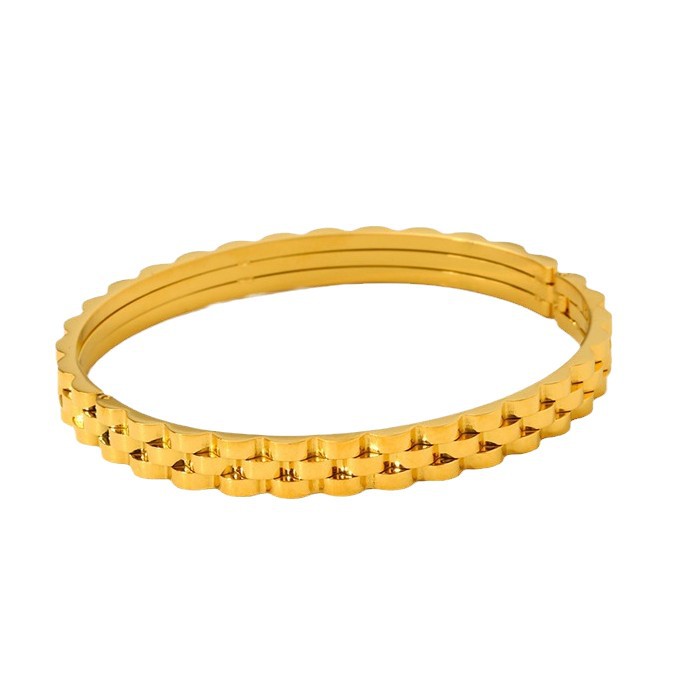 Minimalist Geometric Rhombus Stripe Watch Band Style Hinged Bangle, 18K Gold Plated Stainless Steel, Women Wrist Jewelry