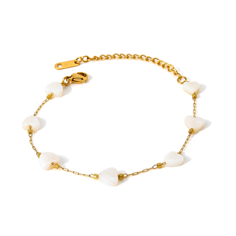 Heart Mother of Pearl Station Beaded Bracelet, 18K Gold Plated Stainless Steel