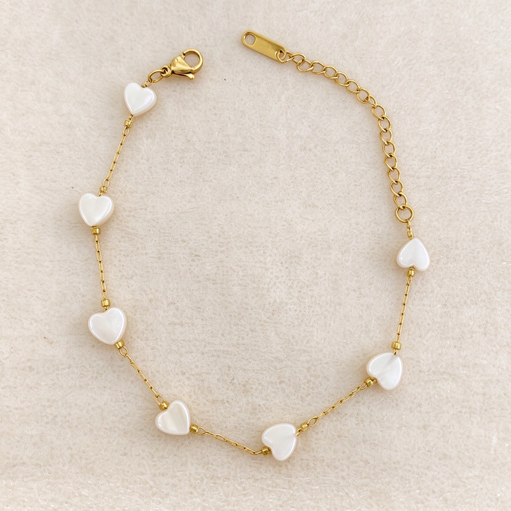 Heart Mother of Pearl Station Beaded Bracelet, 18K Gold Plated Stainless Steel, Fresh Light Luxury Women Wrist Jewelry - Image 2