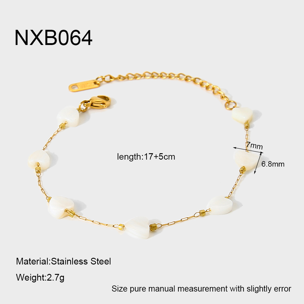 Heart Mother of Pearl Station Beaded Bracelet, 18K Gold Plated Stainless Steel, Fresh Light Luxury Women Wrist Jewelry - Image 6
