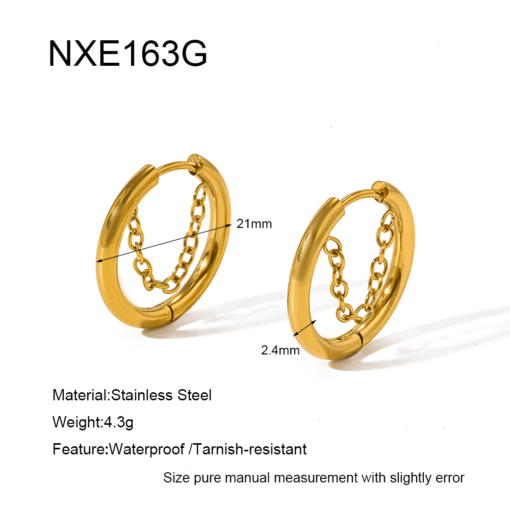 18K Gold Plated Stainless Steel Smooth Hoop Ear Buckles With Inner Chain, Unisex Hoop Earrings - Image 6