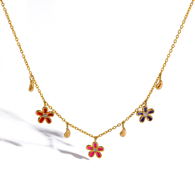 Enamel Colorful Flower Zircon Necklace 18K Gold‑Plated Stainless Steel