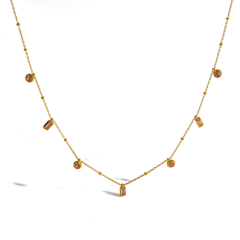 18K gold plated stainless steel pink geometric cubic zirconia necklace, luxury waterproof women accessories
