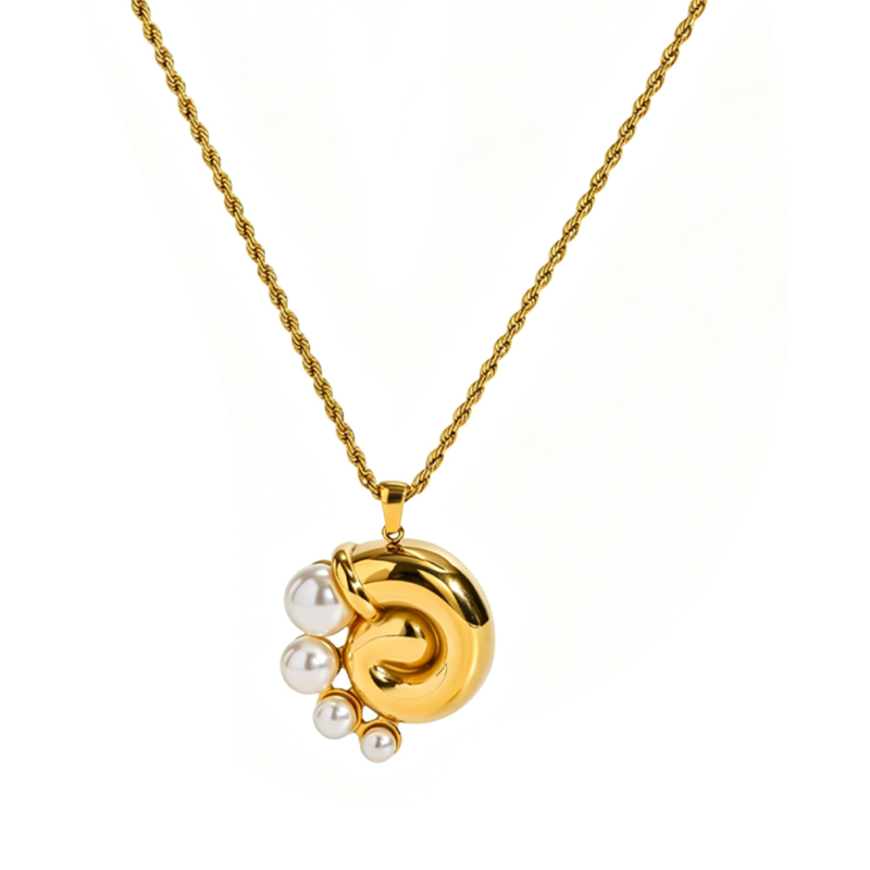 Spiral Seashell Pendant Necklace with Shell Pearls,18K Gold Plated Waterproof Stainless Steel Ocean Women Jewelry
