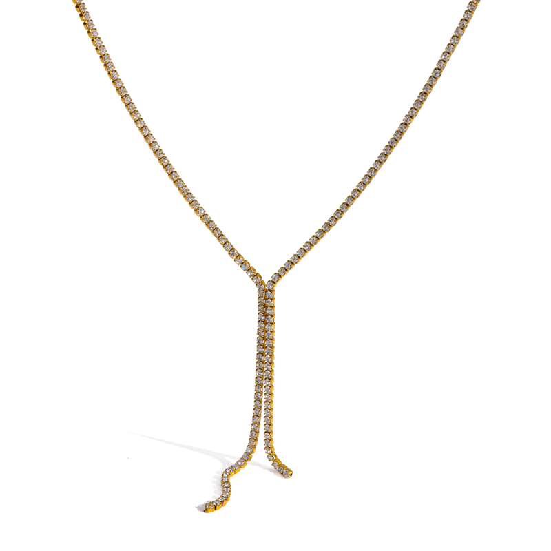 18K gold plated stainless steel full cubic zirconia tassel necklace, high-end commuter women neck jewelry
