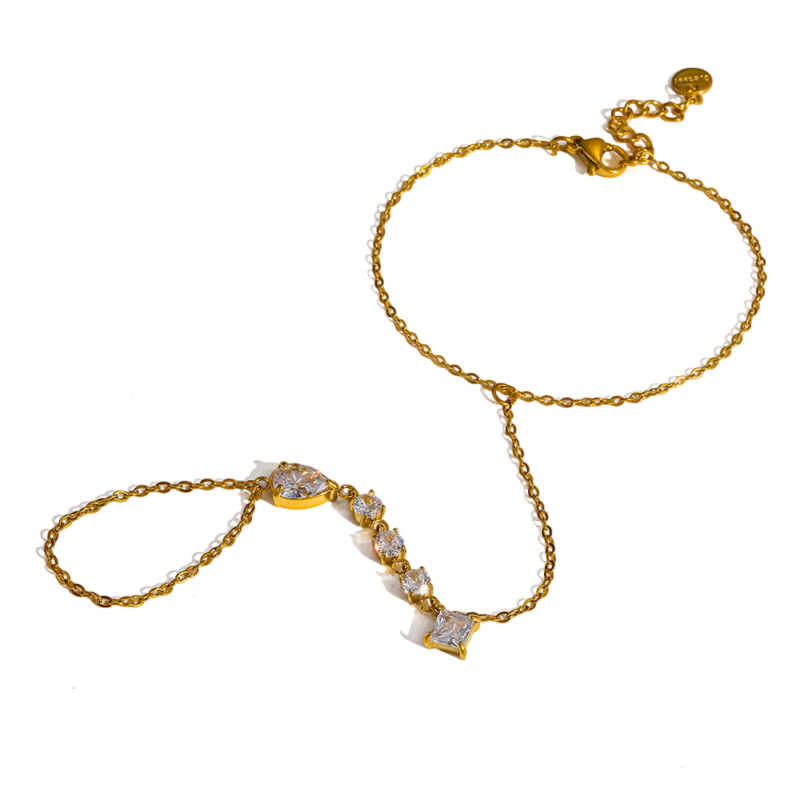 18K gold plated stainless steel teardrop and square cubic zirconia hand chain, finger connected women hand jewelry