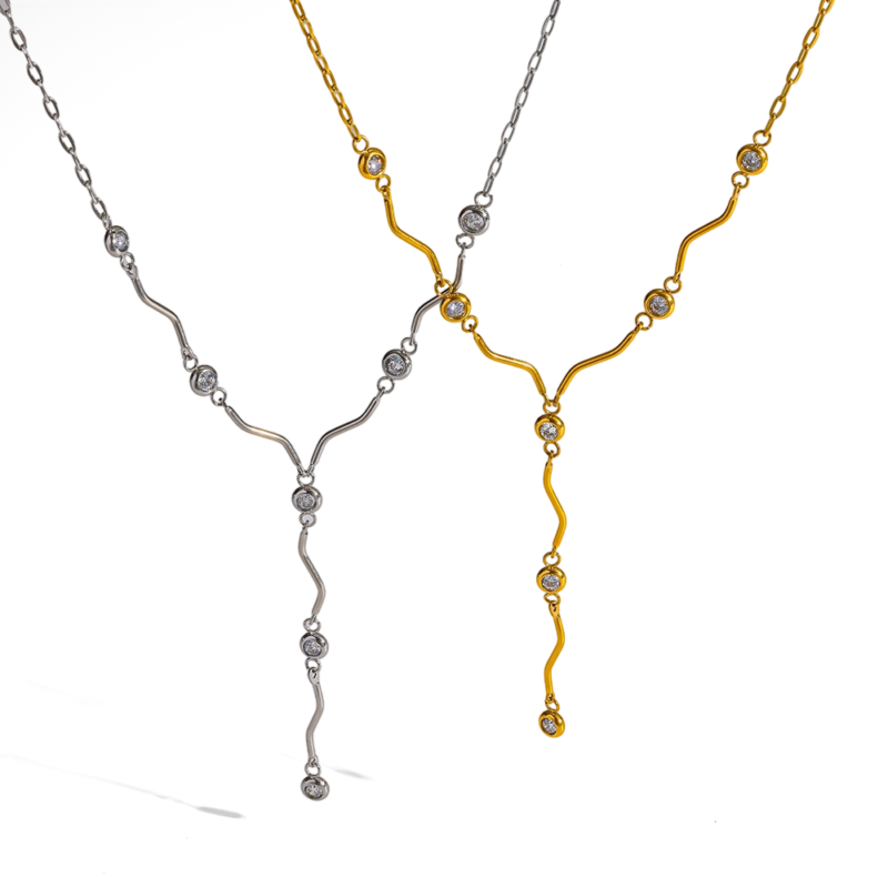 18K gold plated stainless steel wavy cubic zirconia Y drop necklace, minimalist luxury high-end women neck jewelry