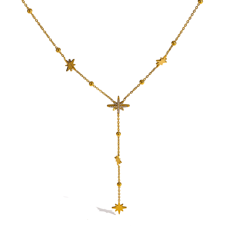 18K gold plated stainless steel octagram cubic zirconia Y drop necklace, waterproof luxury women neck jewelry
