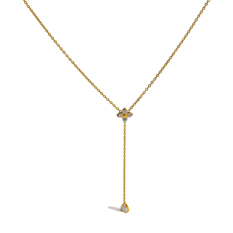 18K gold plated stainless steel floral teardrop cubic zirconia Y drop necklace, minimalist luxury women neck jewelry