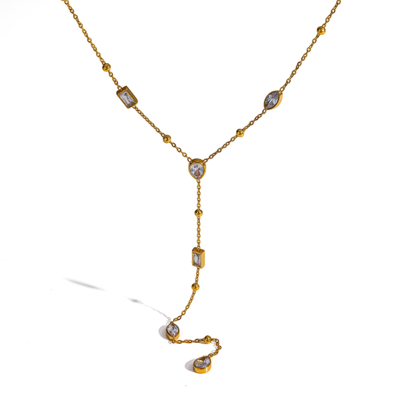 18K gold plated stainless steel geometric marquise cubic zirconia Y drop necklace, waterproof luxury women neck jewelry