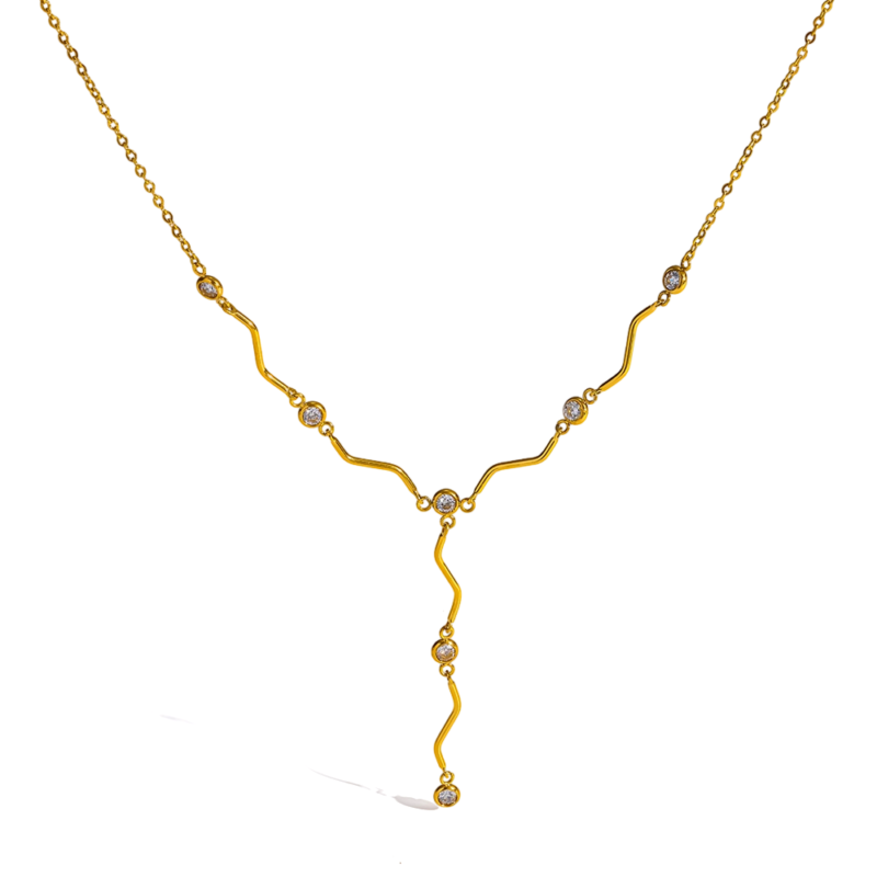 y drop necklace, wavy chain necklace, cubic zirconia neck jewelry, 18k gold plated necklace, stainless steel waterproof neckwear