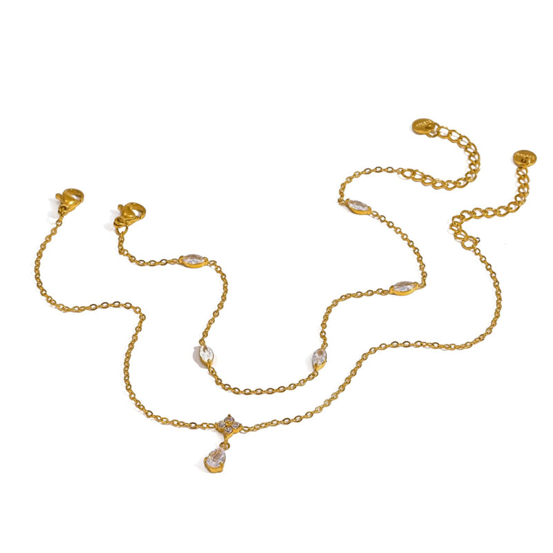 18K gold plated stainless steel flower marquise zircon anklet, elegant foot jewelry for women