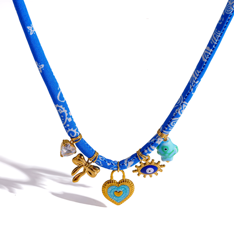 18K gold plated stainless steel fabric choker, heart and evil eye pendant unique ethnic women necklace