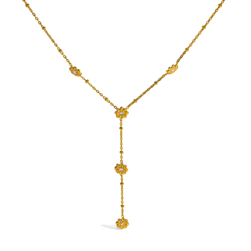 18K gold plated stainless steel daisy cubic zirconia Y drop necklace, floral tassel luxury women neck jewelry