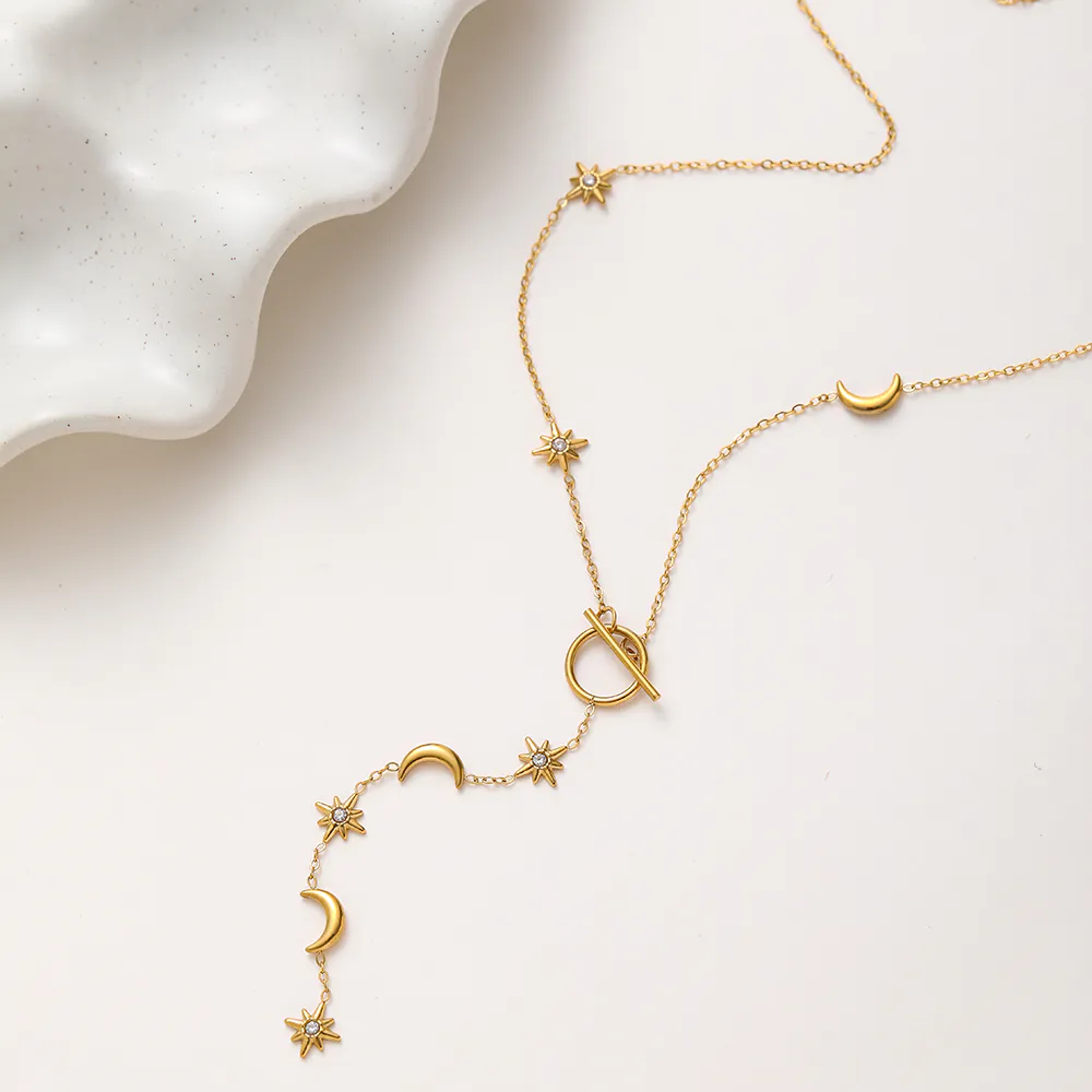 18K Gold-Plated Waterproof Stainless Steel Necklace, Star & Moon Pendant with Inlaid Crystals, OT Clasp Women Neck Chain - Image 2